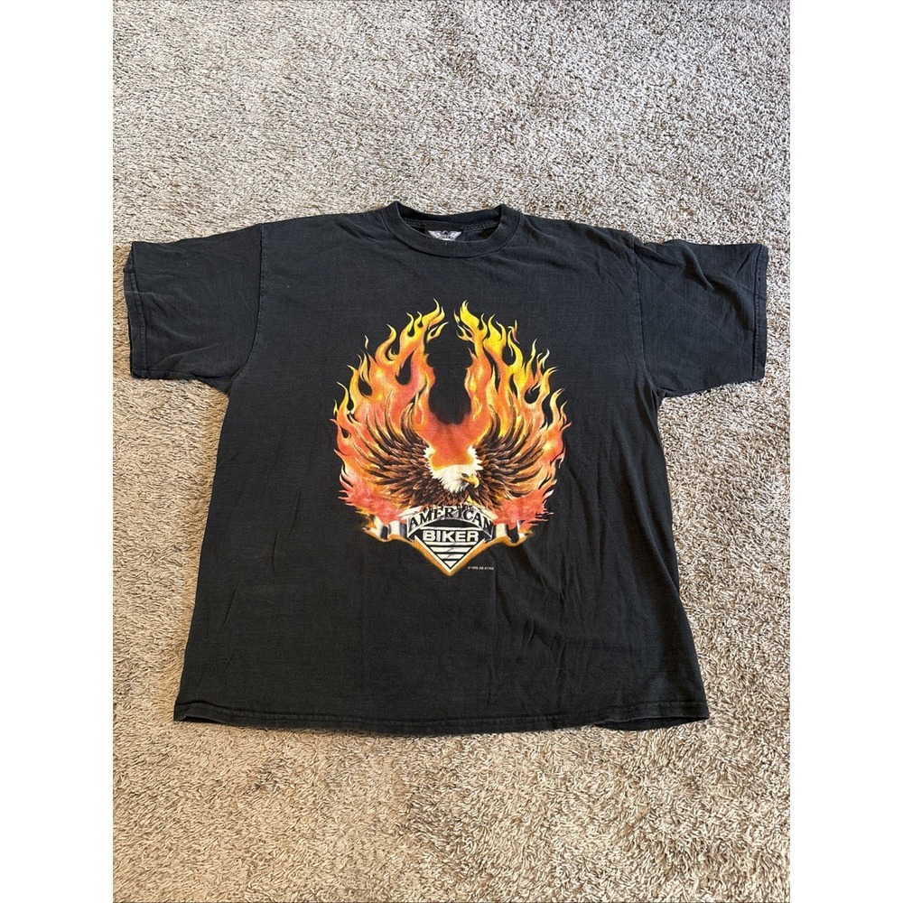 Vintage 90s American Biker Wyoming Flaming Eagle Tee T-Shirt XL Extra Large